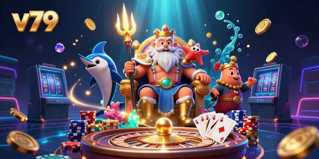 Experience the thrill of v79 with colorful casino elements and dynamic characters in a vibrant underwater scene.