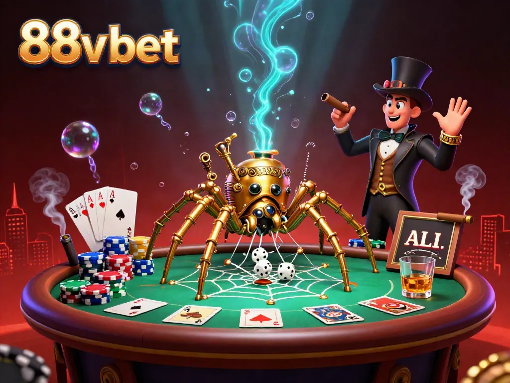 Experience thrilling action in 88v bet with a steampunk casino scene featuring a golden spider and lavish poker elements.