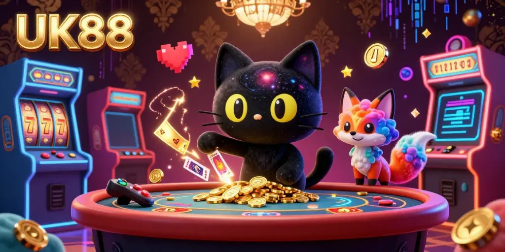 Experience the thrill of UK88 as a cosmic black hole cat reels in winnings at a vibrant casino.