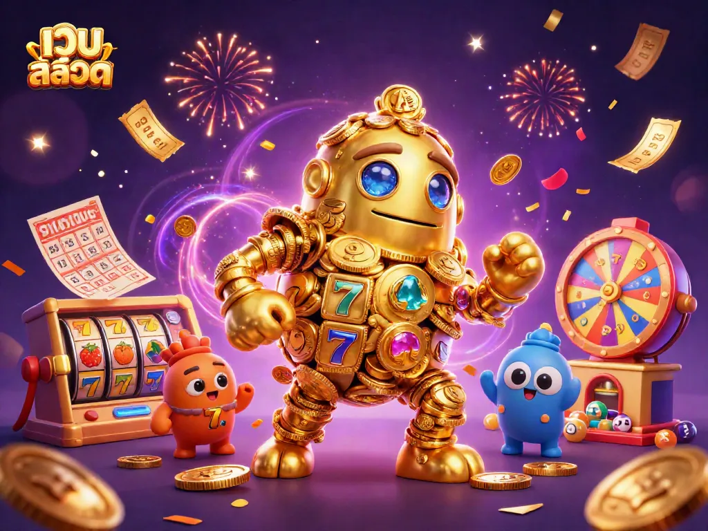 Experience the excitement of เว็บ สล็อต with a fabulous golden golem, dynamic slot reels, and vibrant gaming elements!