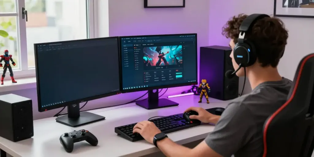 Engaged player using mantul88 login on dual monitors in a vibrant home office.