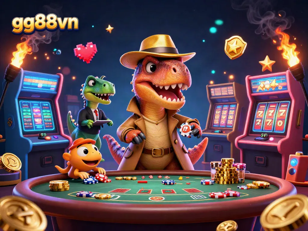 Experience thrilling blackjack action with gg88vn, featuring cartoon dinosaurs in a vibrant casino setting.