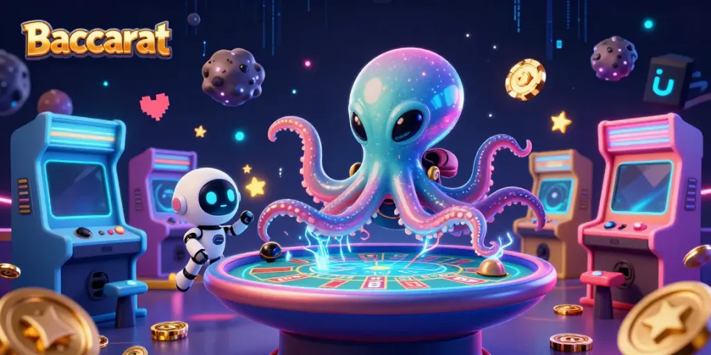 Baccarat game scene featuring an alien octopus at a poker table with asteroid-shaped chips