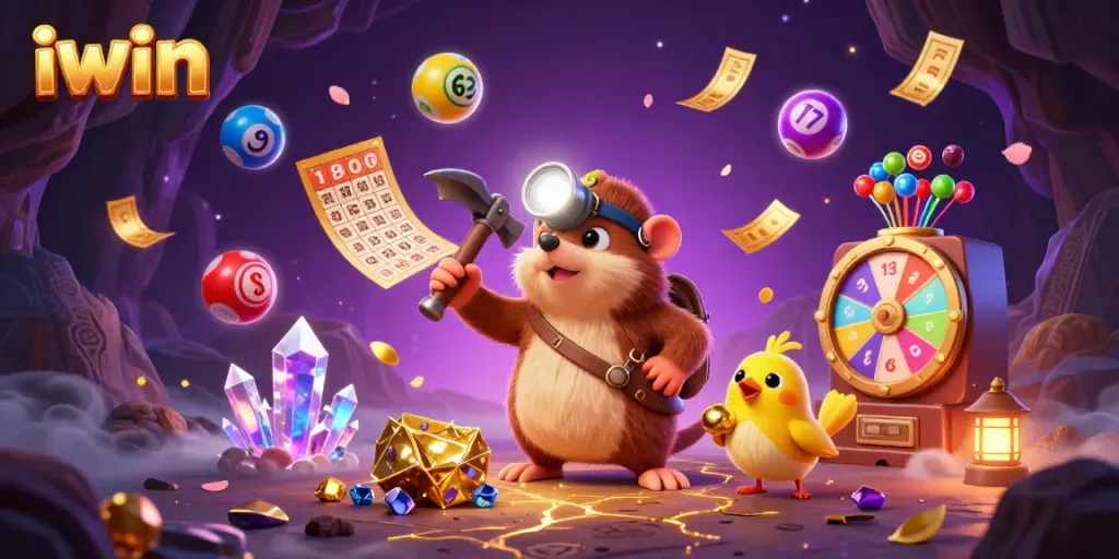 Win big with iwin as you explore treasure-filled caves and vibrant prizes in this captivating scene.
