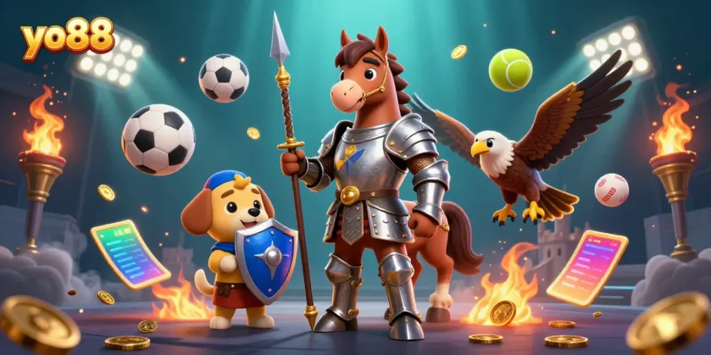 Experience thrilling gameplay at yo88 with a medieval knight and a playful squire in a dynamic casino scene.