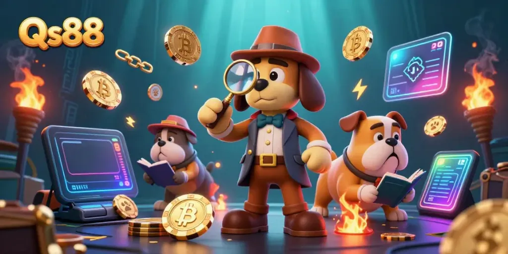 Experience gaming excitement at Qs88 with a vibrant scene of cartoon characters investigating a poker chip clue.