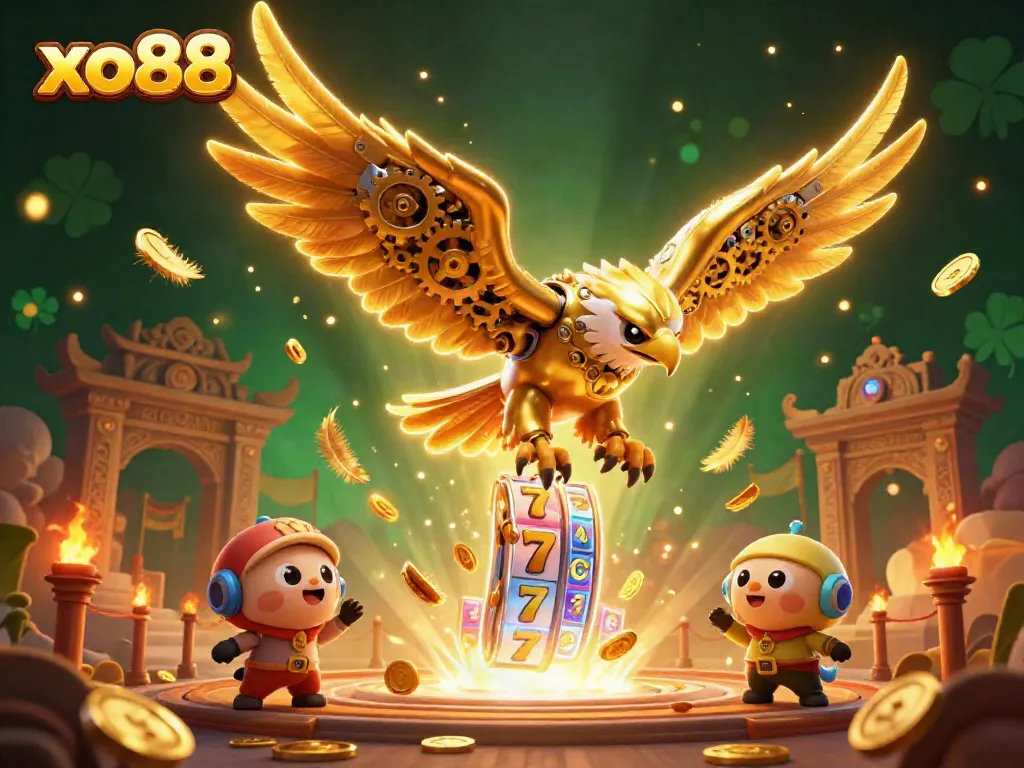 Experience thrilling gaming action at xo88 with golden eagle characters amidst vibrant 3D casino elements.