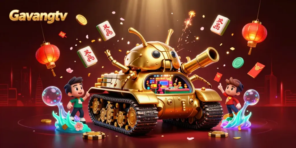 Experience dynamic casino action with Gavangtv's exciting 3D golden beetle tank illustration featuring a miniature casino.